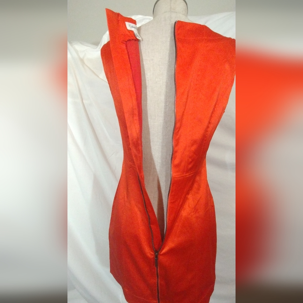 Calvin Klein TAG Satin Dress, Sleeveless SHIFT, ZipUp, Orange, Stretchy, 4 - Picture 7 of 14
